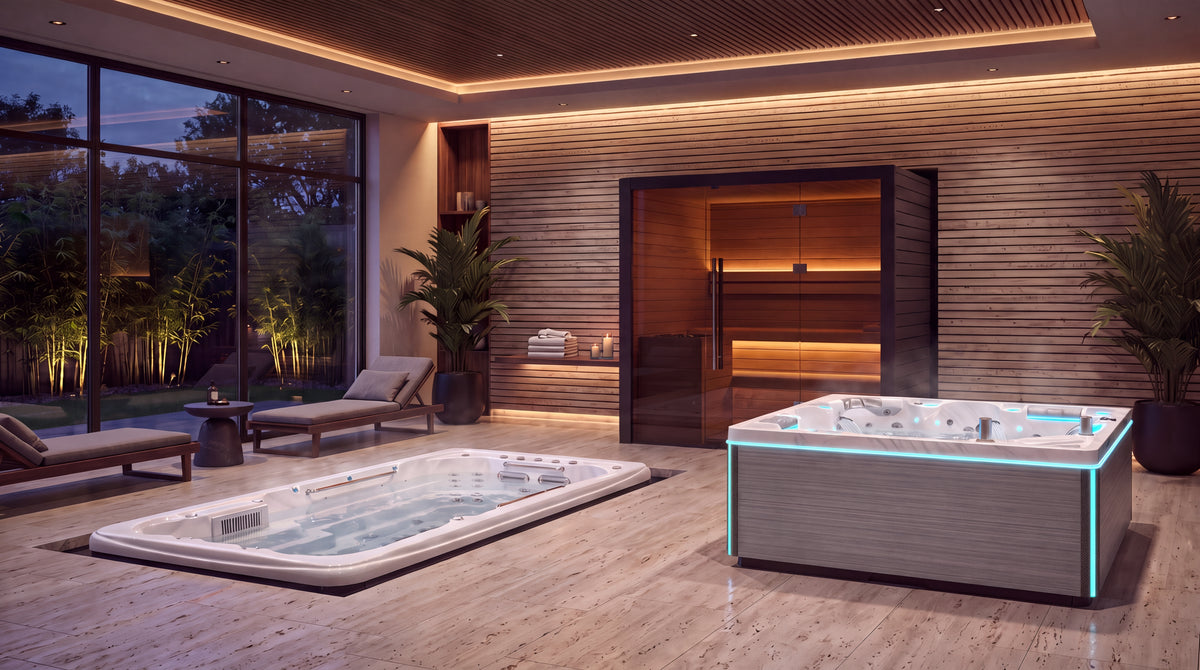 Spa, sauna en zwemspa in een wellnessruimte van Market Spas
