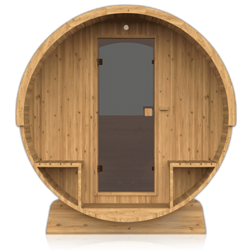 Barrel 210, sauna NODO, vue de face, posé au sol