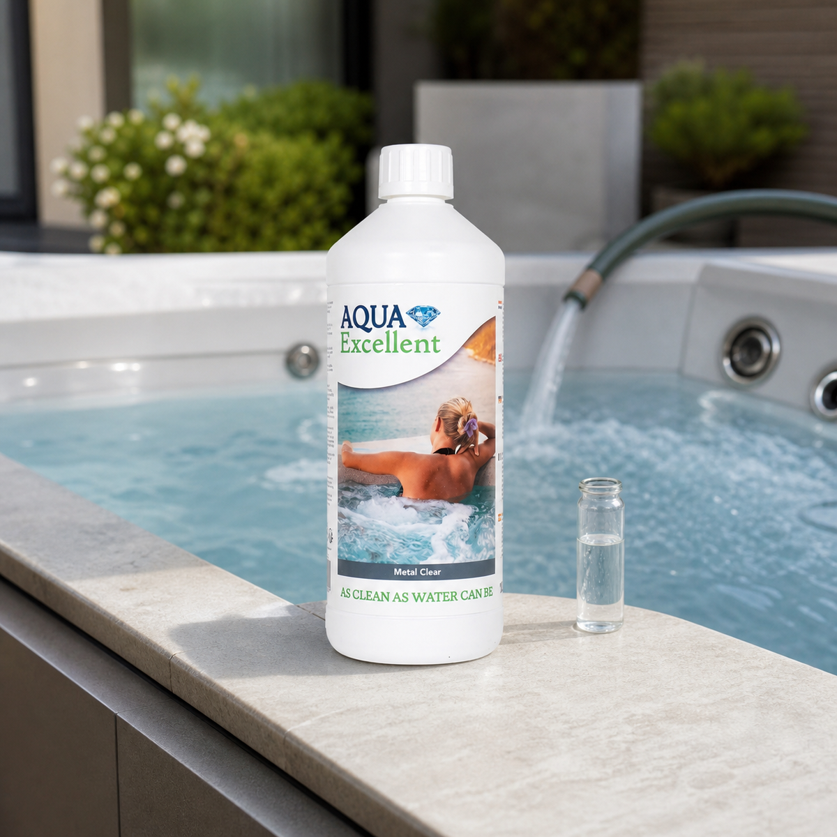 Aqua Excellent Métal Clear 1 L tijdens het vullen van een spa