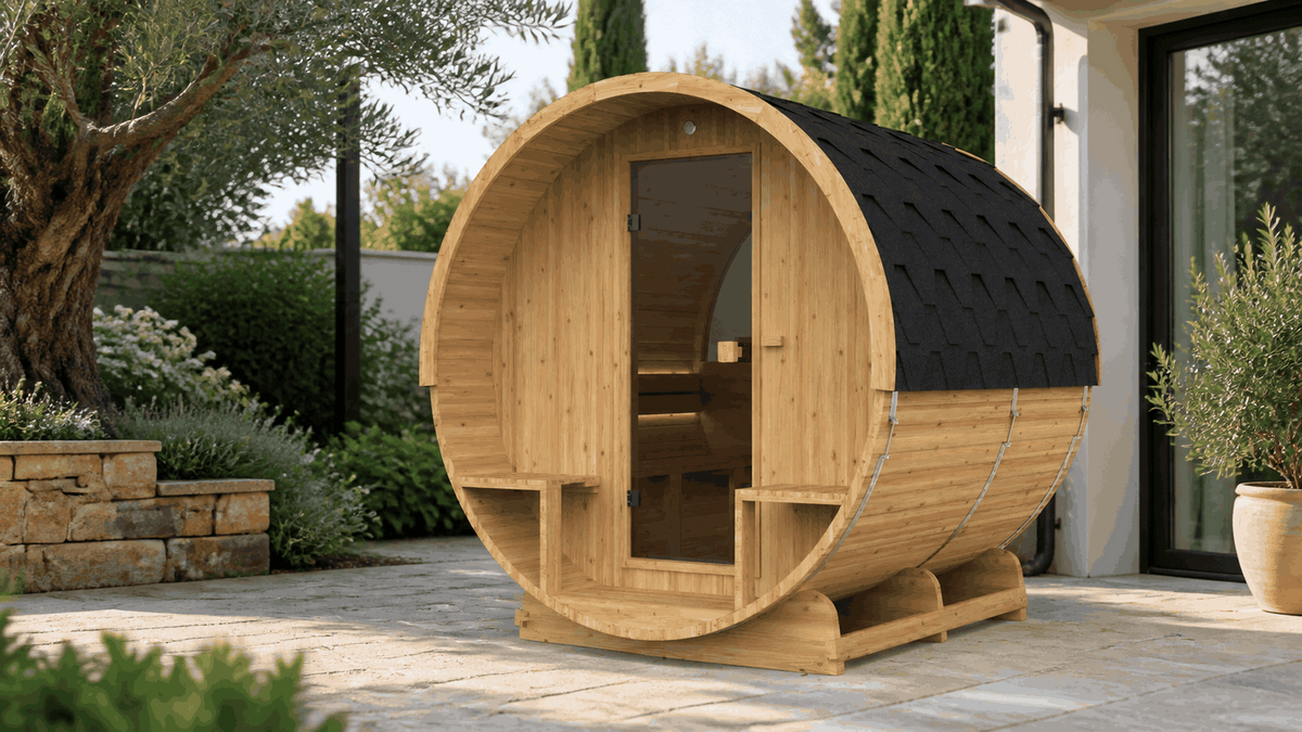Barrel 210 buitensauna geplaatst in een aangelegde tuin