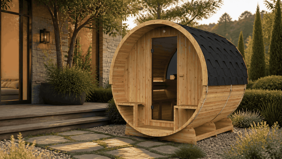 Barrel 250 buitensauna geplaatst in een aangelegde tuin