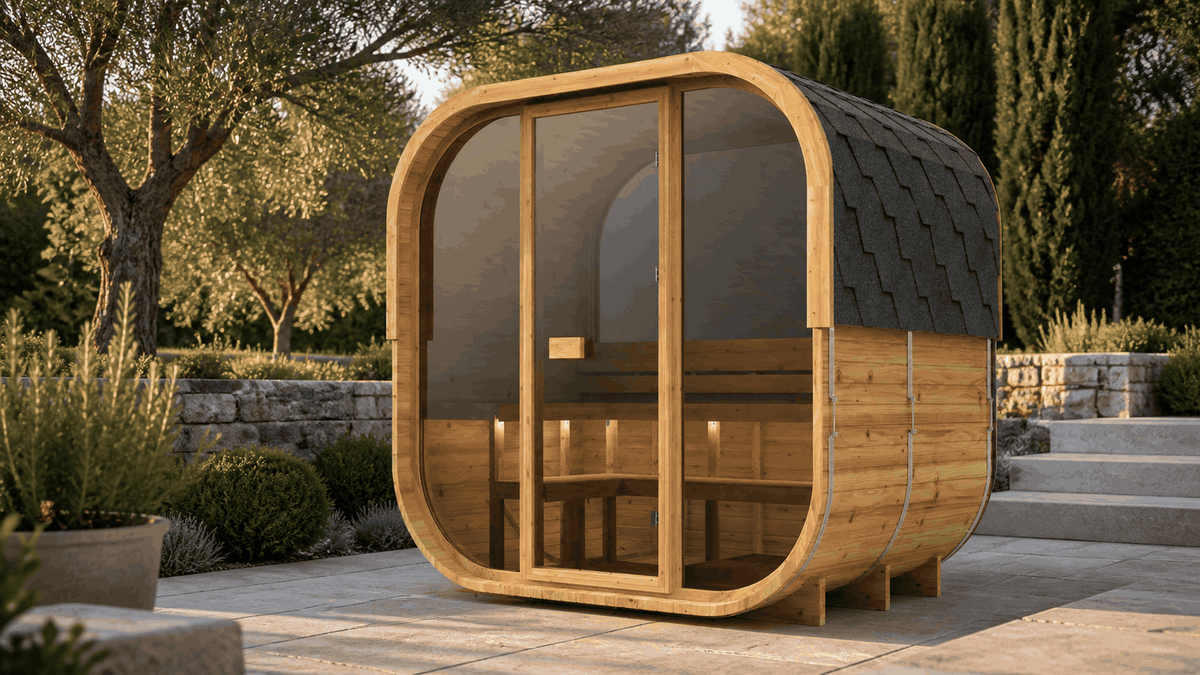 Cube 160 buitensauna geplaatst op een aangelegd terras