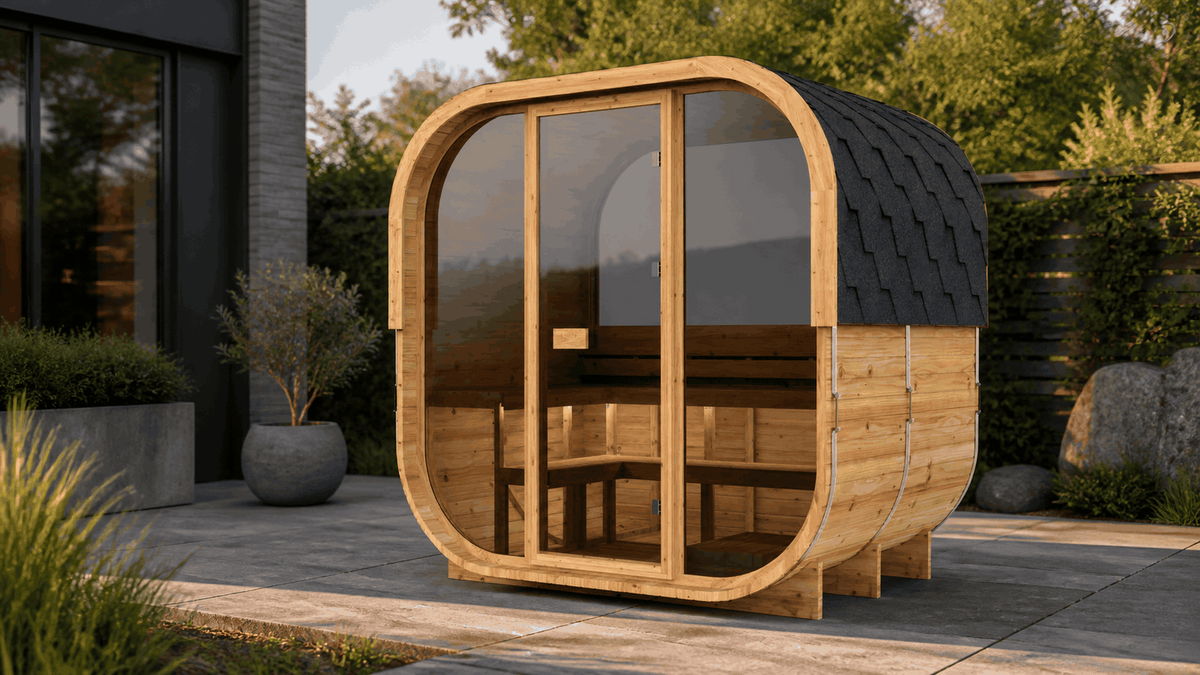 Cube 210 buitensauna geplaatst op een aangelegd terras