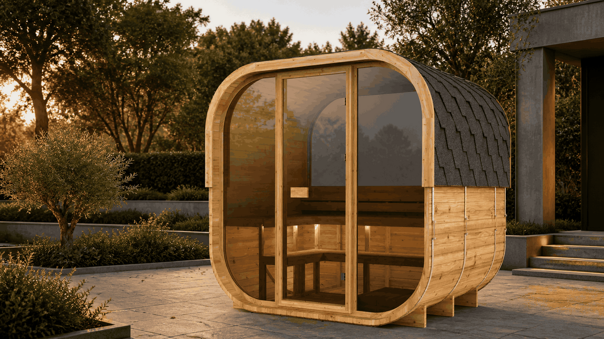 Cube 250 buitensauna geplaatst op een aangelegd terras