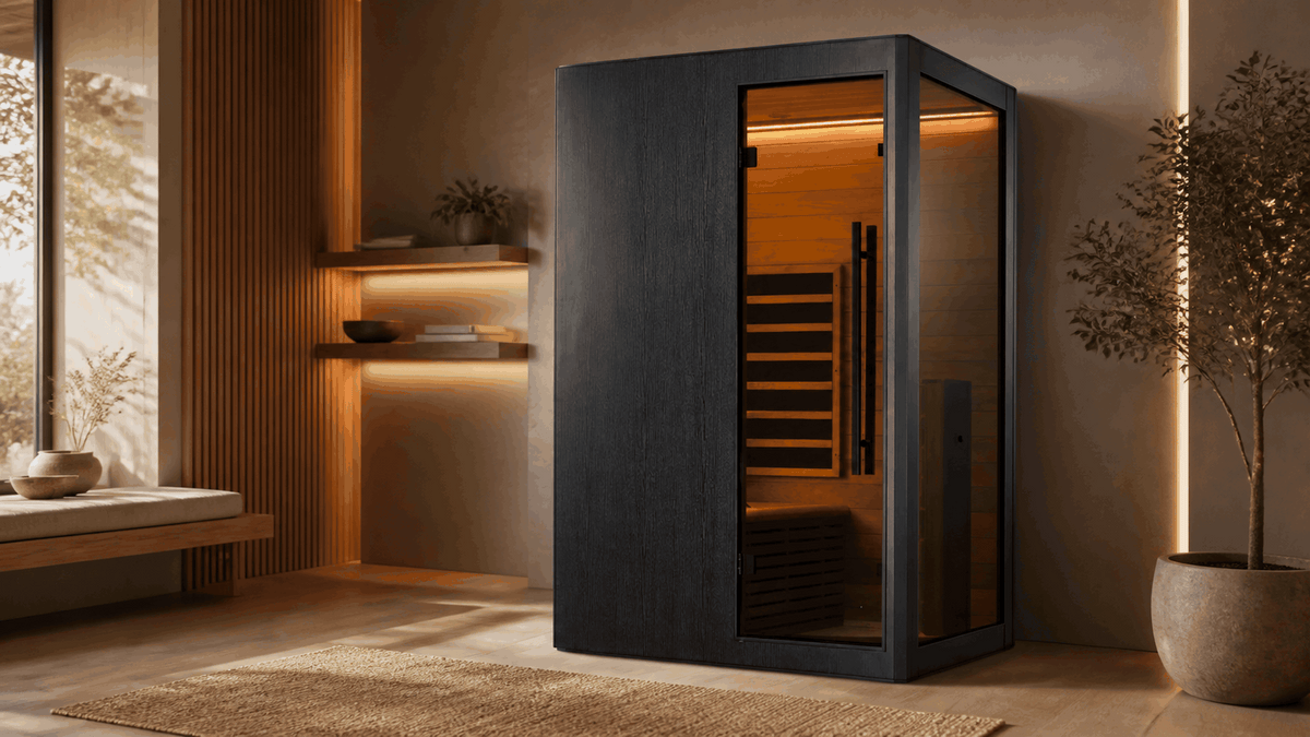 Infraroodcabine 100 geplaatst in een moderne wellnessruimte zonder stoom