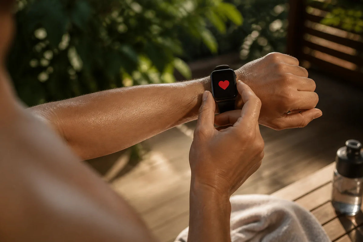 Barrel 210 - buitensauna voor 4-6 personen met een close-up van een smartwatch die alleen een rood hartsymbool toont