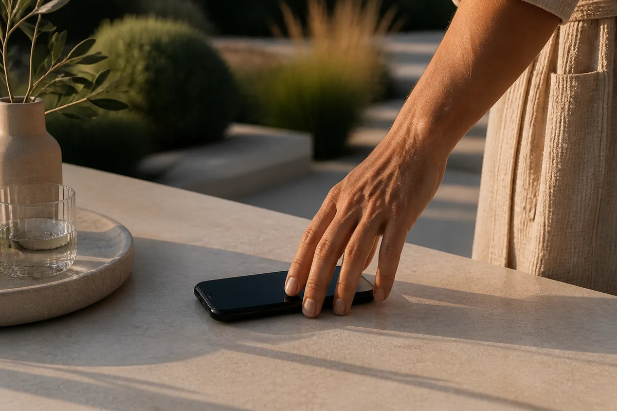 Cube 160 - buitensauna voor 2-3 personen in een scène van mentale rust met een telefoon met het scherm naar beneden op tafel