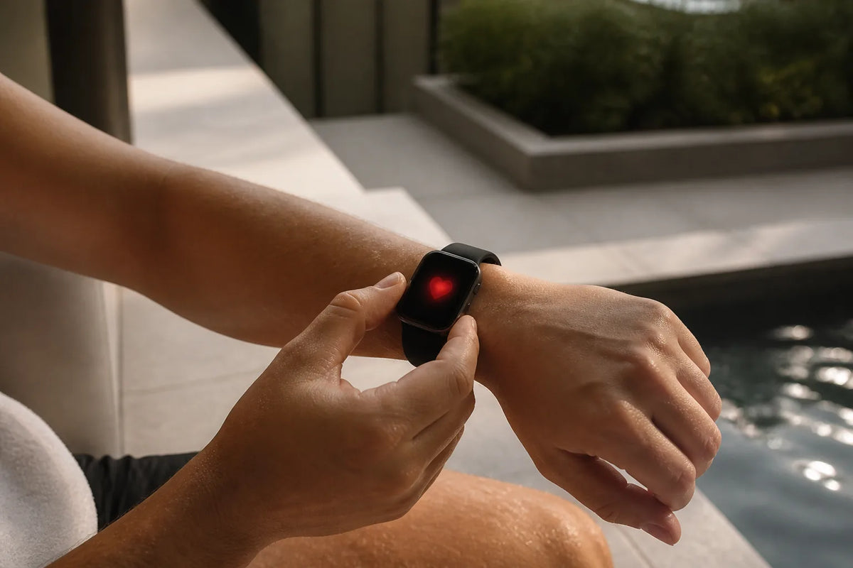 Cube 160 - buitensauna voor 2-3 personen met een close-up van een smartwatch die alleen een rood hartsymbool toont