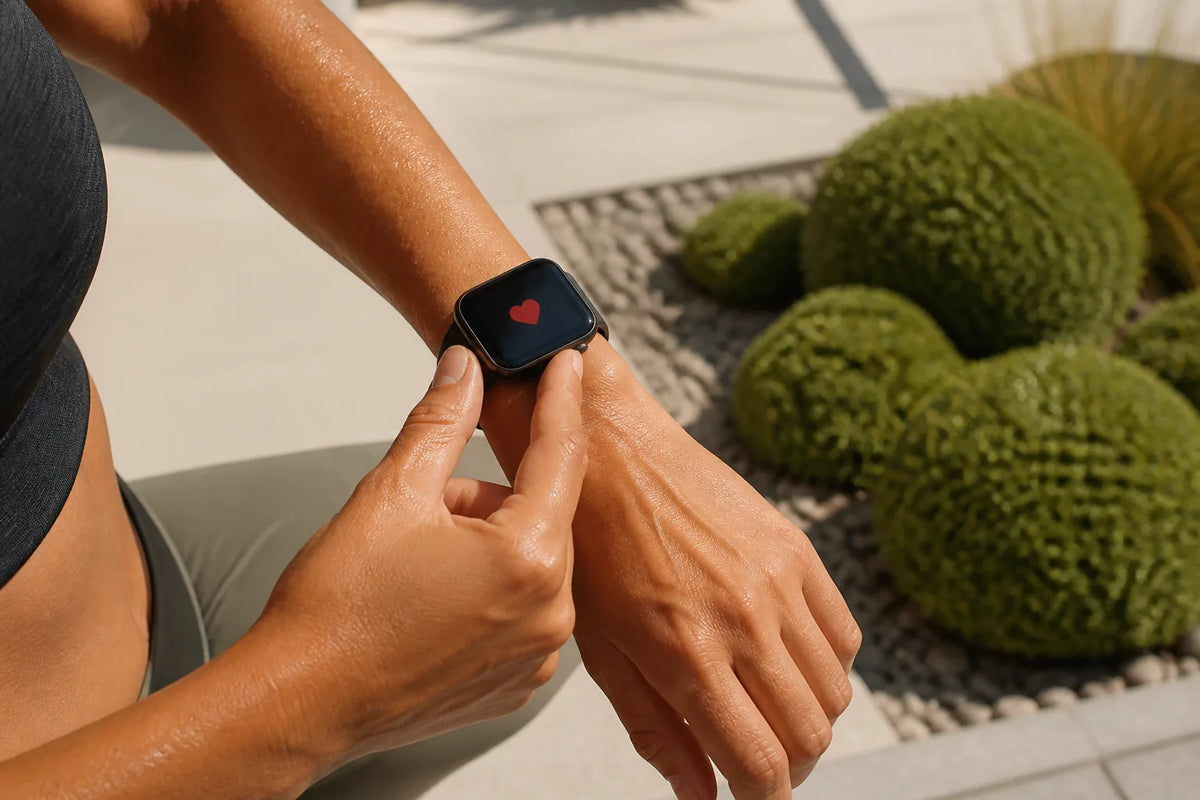 Cube 210 - buitensauna voor 4 personen met een close-up van een smartwatch die alleen een rood hartsymbool toont