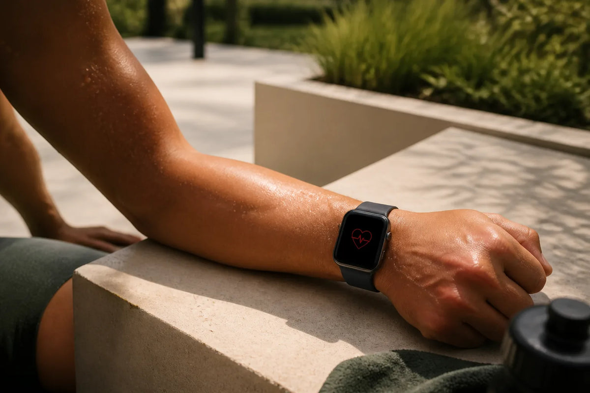 Cube 250 - buitensauna voor 5-6 personen met een close-up van een smartwatch die alleen een rood hartsymbool toont