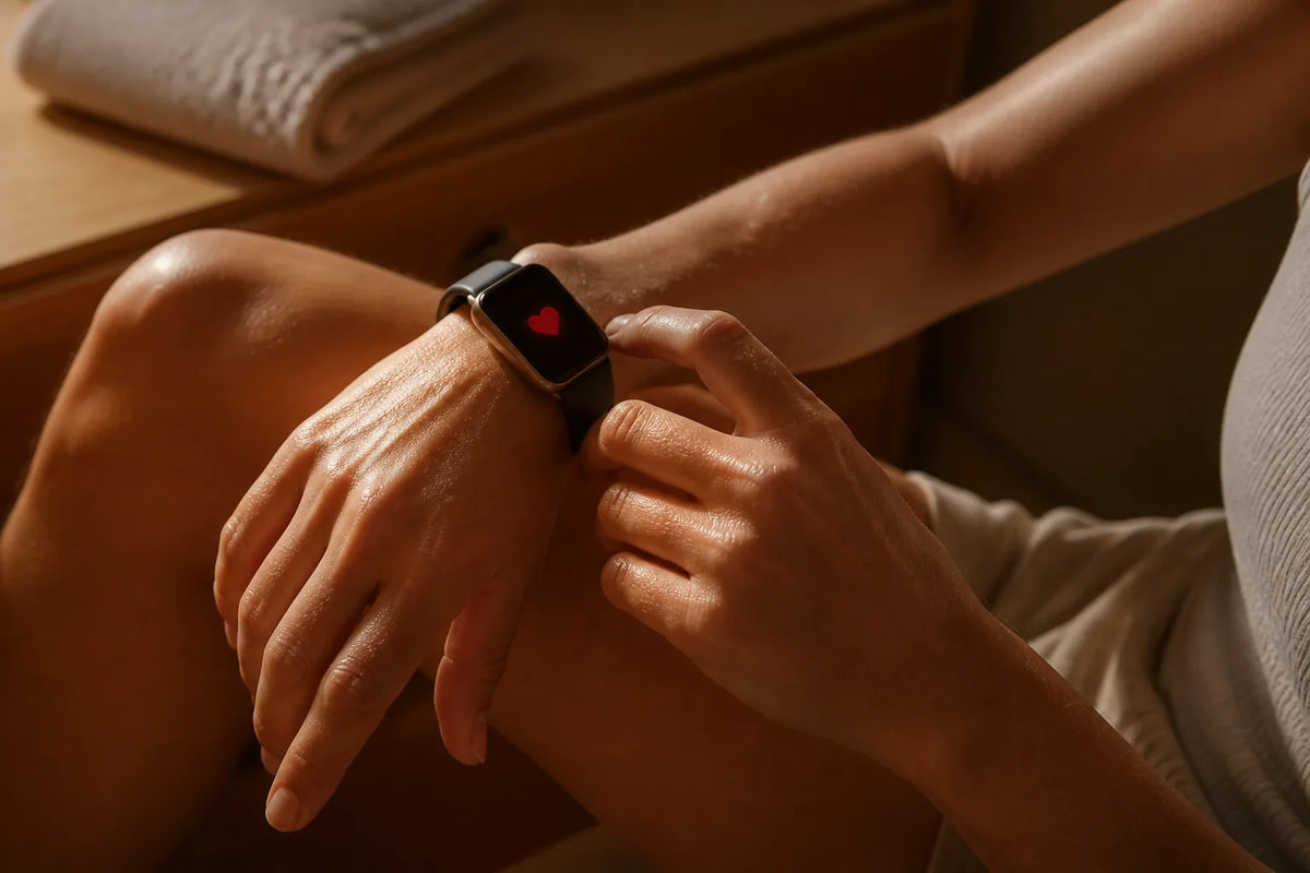 Infrared 130 - infraroodsauna voor 2 personen met een close-up van een smartwatch die alleen een rood hartsymbool toont