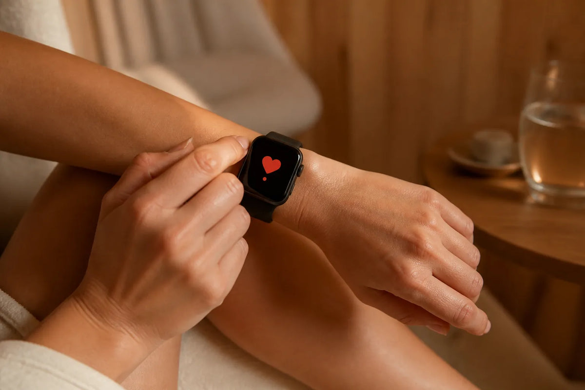 Infrared 160 - infraroodsauna voor 2 personen in groot formaat met een close-up van een smartwatch die alleen een rood hartsymbool toont
