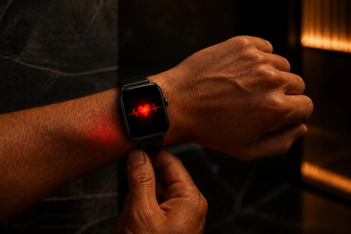 Nero 160 - binnensauna voor 2-3 personen met een close-up van een smartwatch die alleen een rood hartsymbool toont