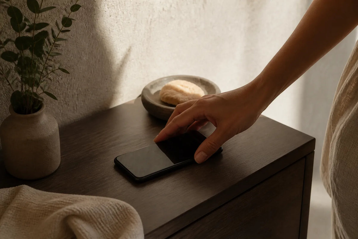 Nero 210 - binnensauna voor 3-4 personen in een scène van mentale rust met een telefoon met het scherm naar beneden op tafel