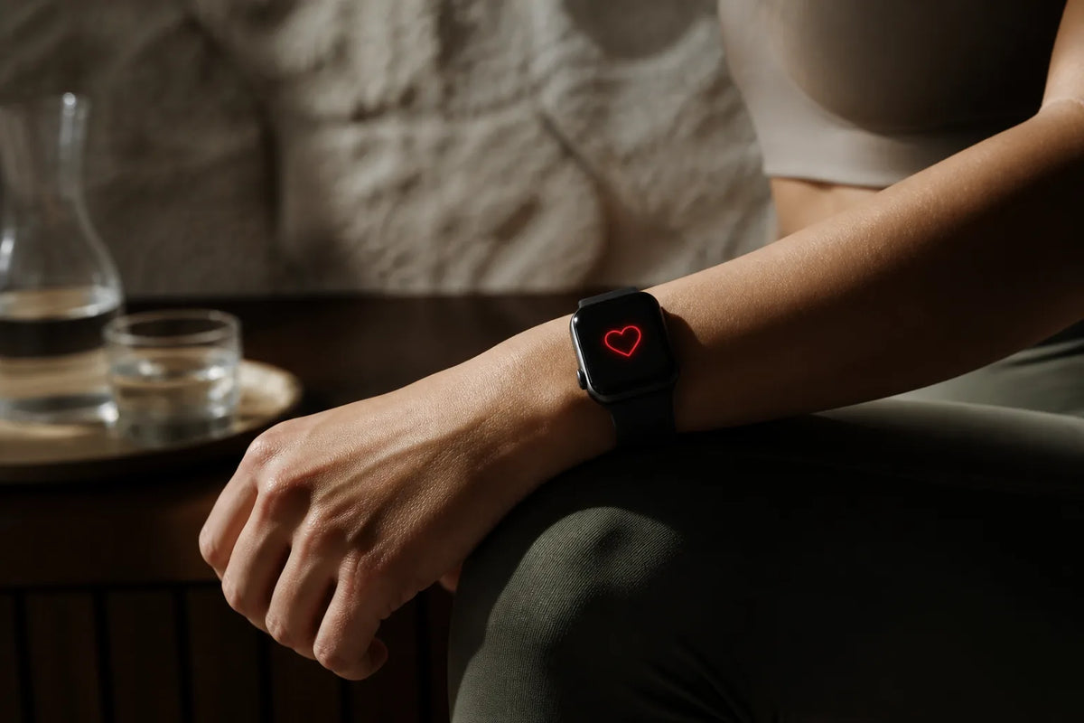 Nero 220 - binnensauna voor 6 personen met een close-up van een smartwatch die alleen een rood hartsymbool toont