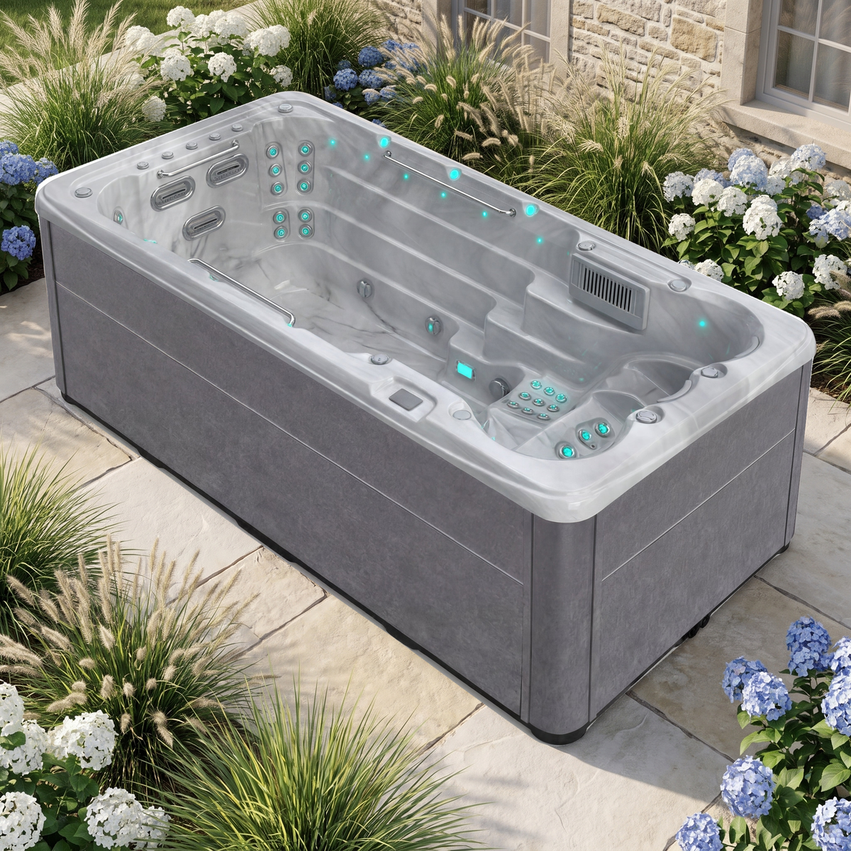 Weergave van de plaatsen en jets van de SwimFlow Odyssey in een bloeiende tuin.