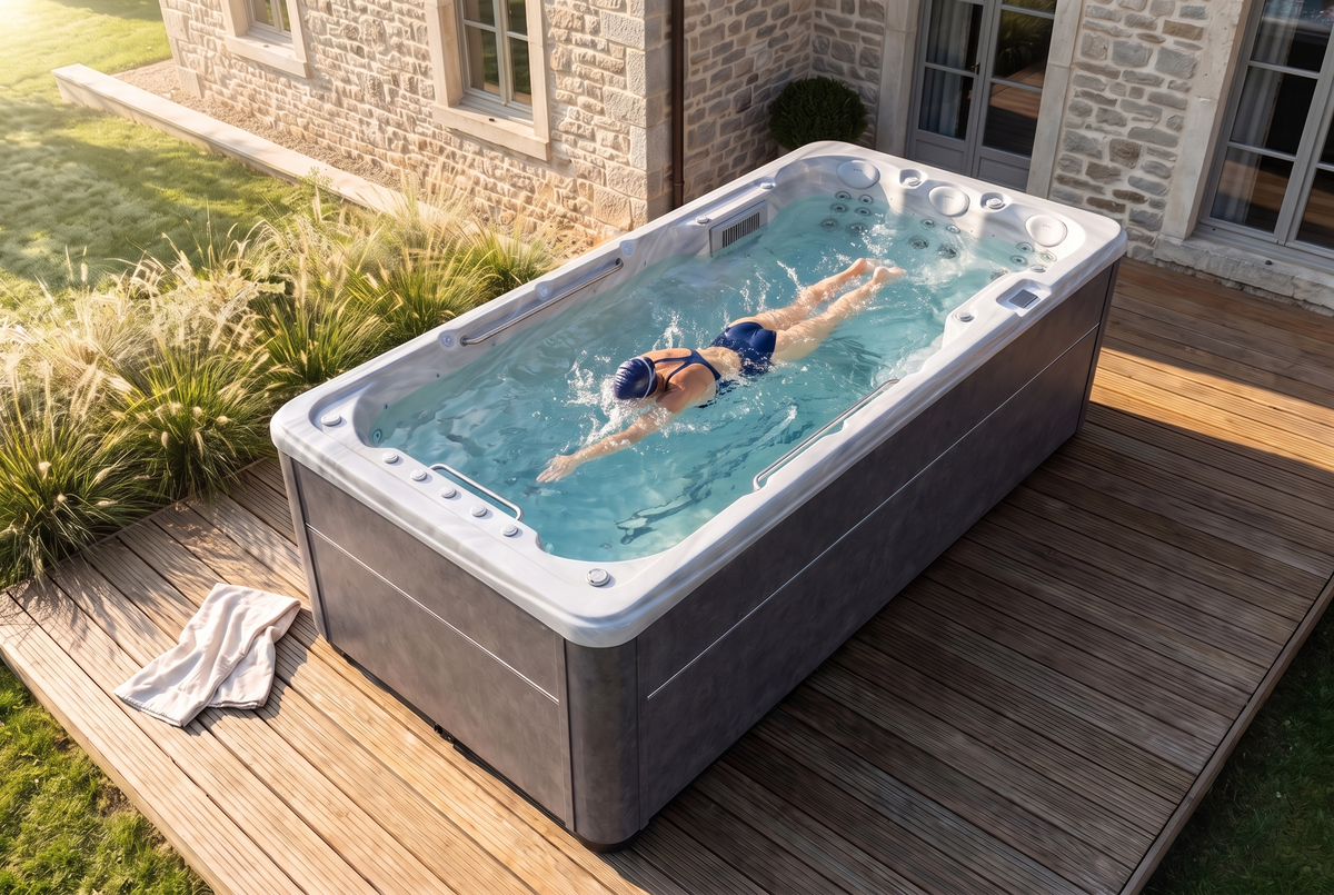 Een zwemster zwemt tegen de tegenstroomjets van de SwimFlow Odyssey op een houten terras.