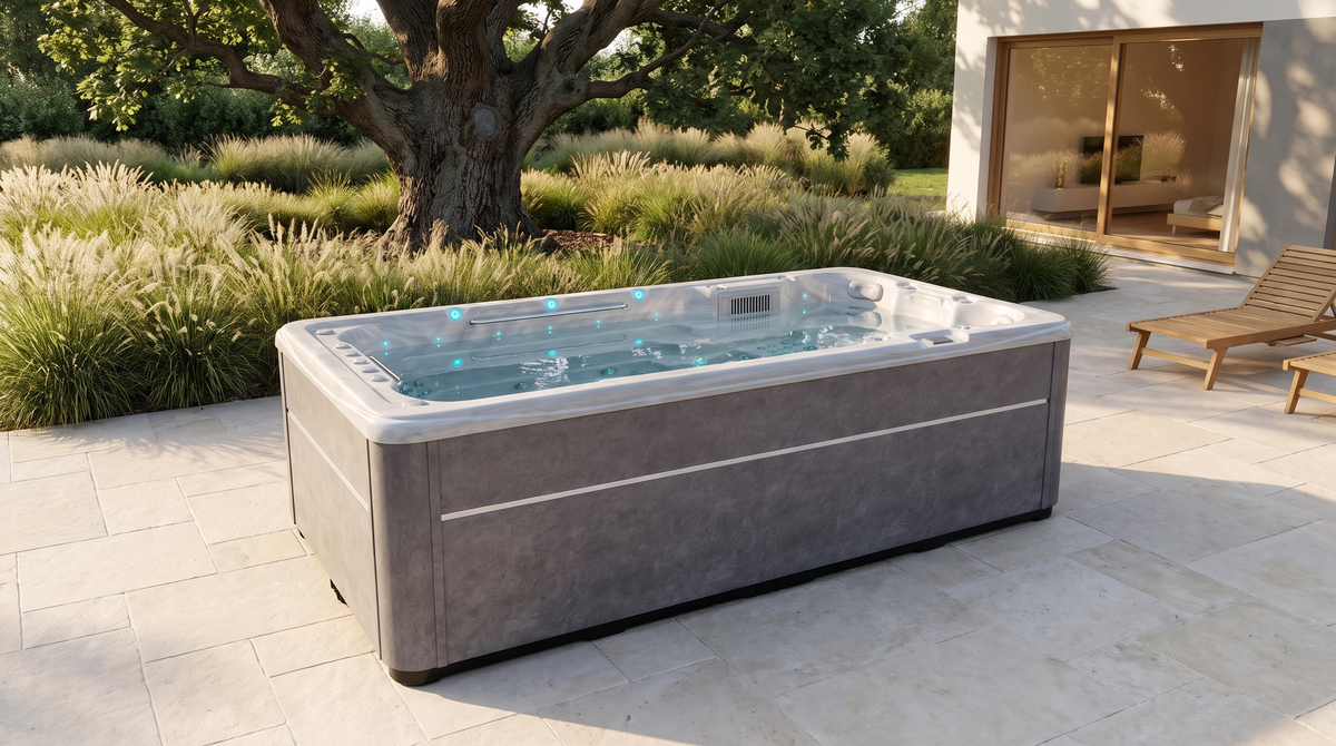 SwimFlow Odyssey posé sur sa terrasse, dans un jardin arboré.