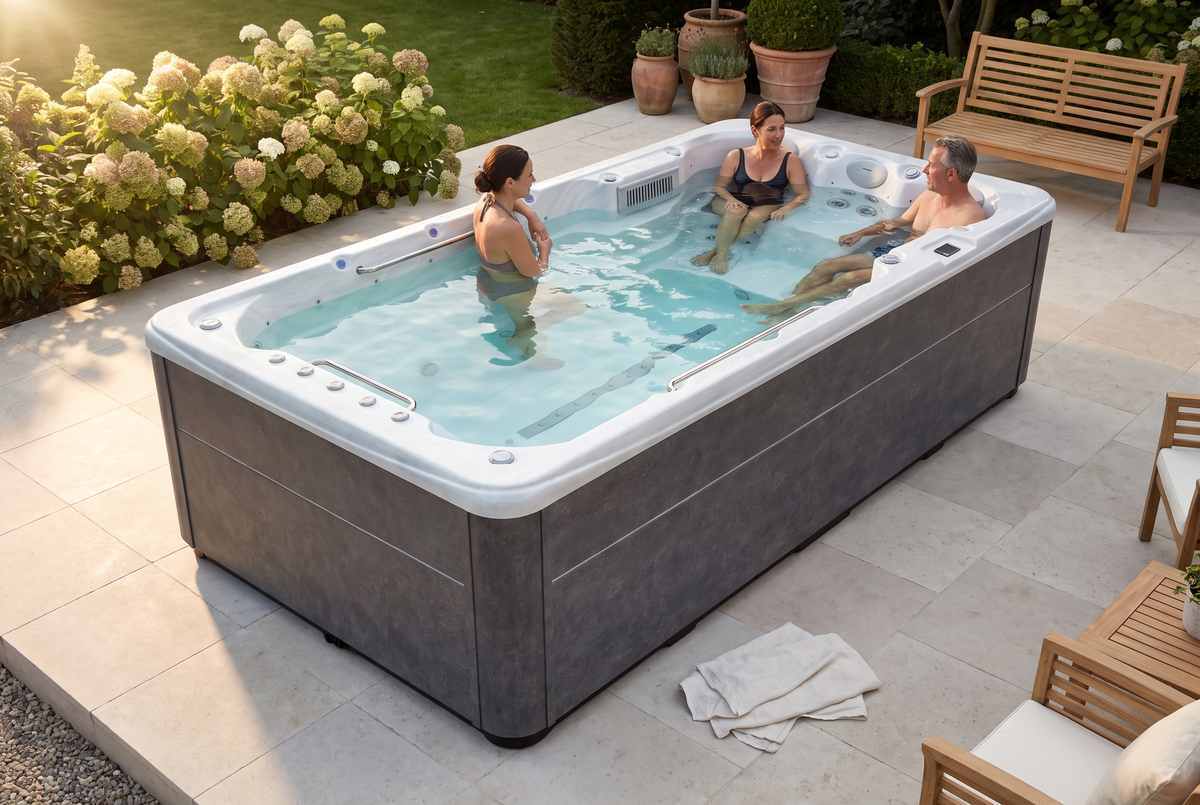Drie volwassenen genieten van de SwimFlow Sterling Marble in een bloeiende tuin.