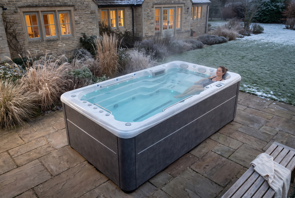 Ontspanning in de verwarmde SwimFlow Sterling Marble, in een berijpte tuin bij schemering.
