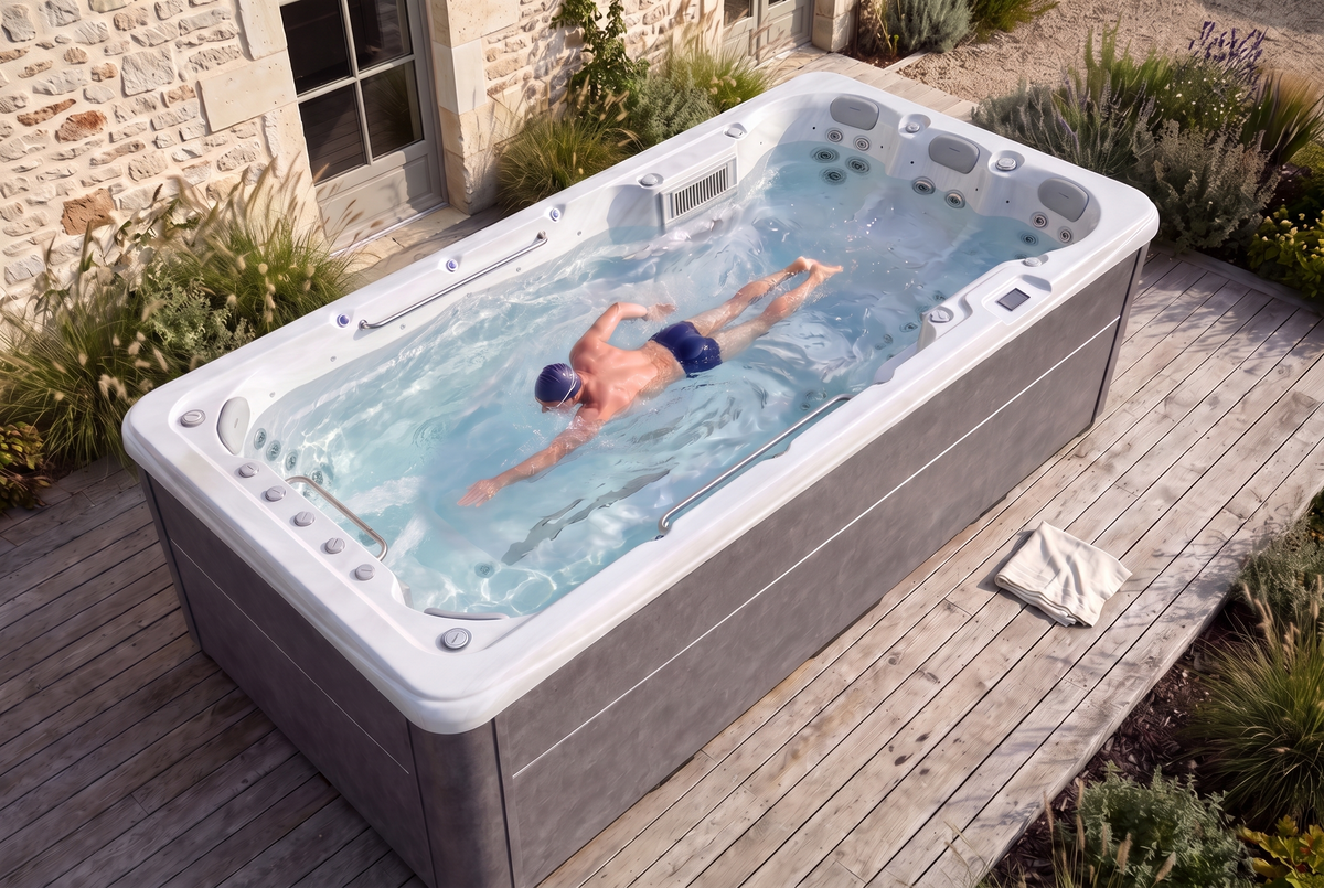 Tegenstroomzwemmen in de SwimFlow White, op een houten terras omgeven door een tuin.