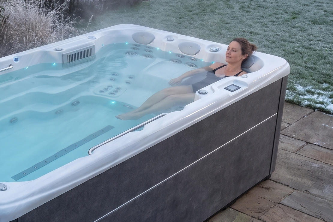 Een vrouw ontspant op een massageplaats van de SwimFlow Sterling Marble op een winteravond.