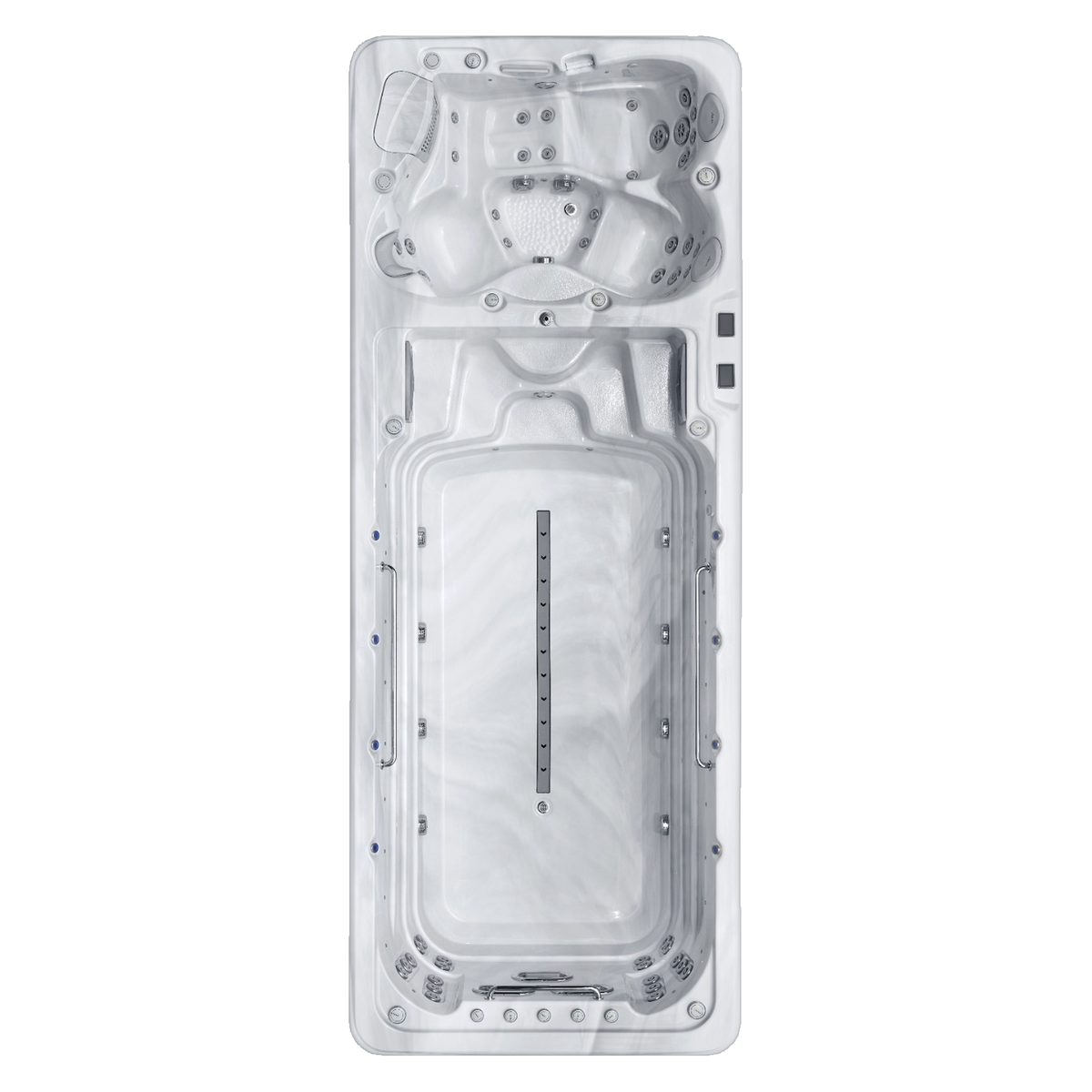 Spa de nage SwimFusion Silver Marble, vue de dessus : zone spa et couloir de nage
