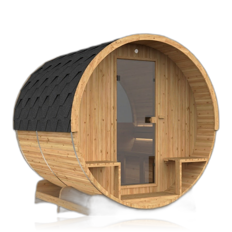 Barrel 210, sauna NODO, vue 2, posé au sol