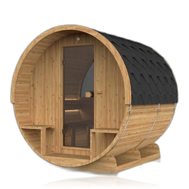 Barrel 250, sauna NODO, vue 1, posé au sol